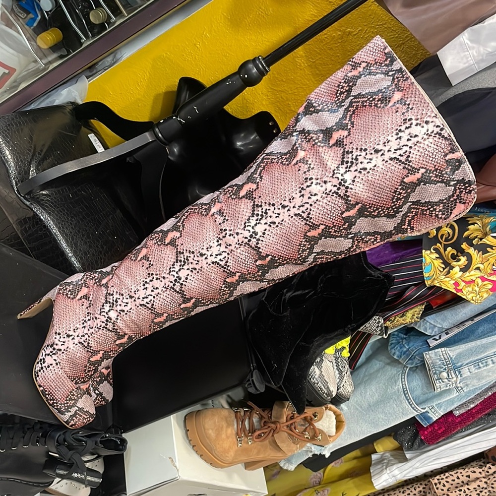 NEW PrettyLittleThings over-the-knee boots, 3.5in heel, PINK Faux Animal Print